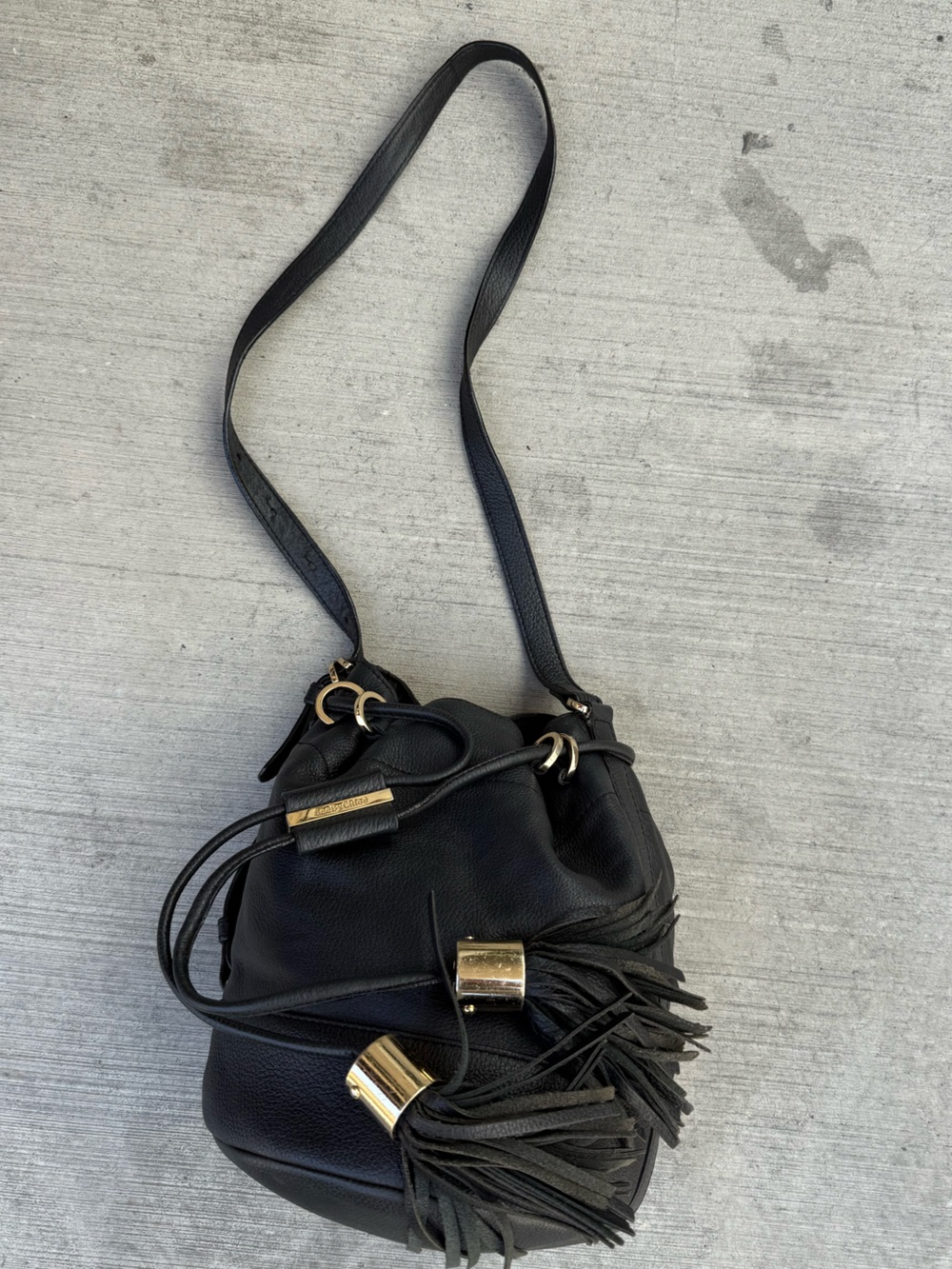 Chloe Black Leather Crossbody with Gold Hardware and Tassel